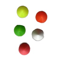 five different colored plastic balls on a white surface